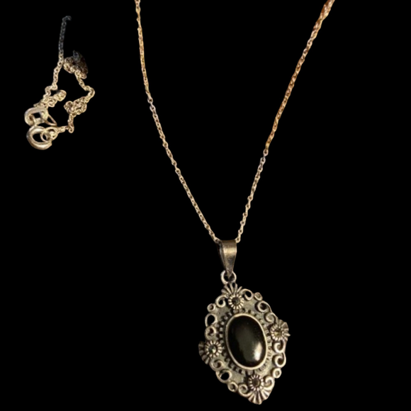Vintage and Stunning Sterling Onyx & Hematite Pendant Necklace